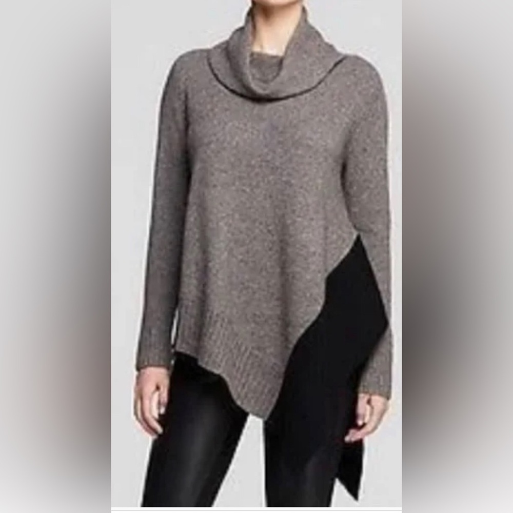 Eileen Fisher Tan & Black Asymmetrical Cowl Neck Yak and Merino Wool Sweater S